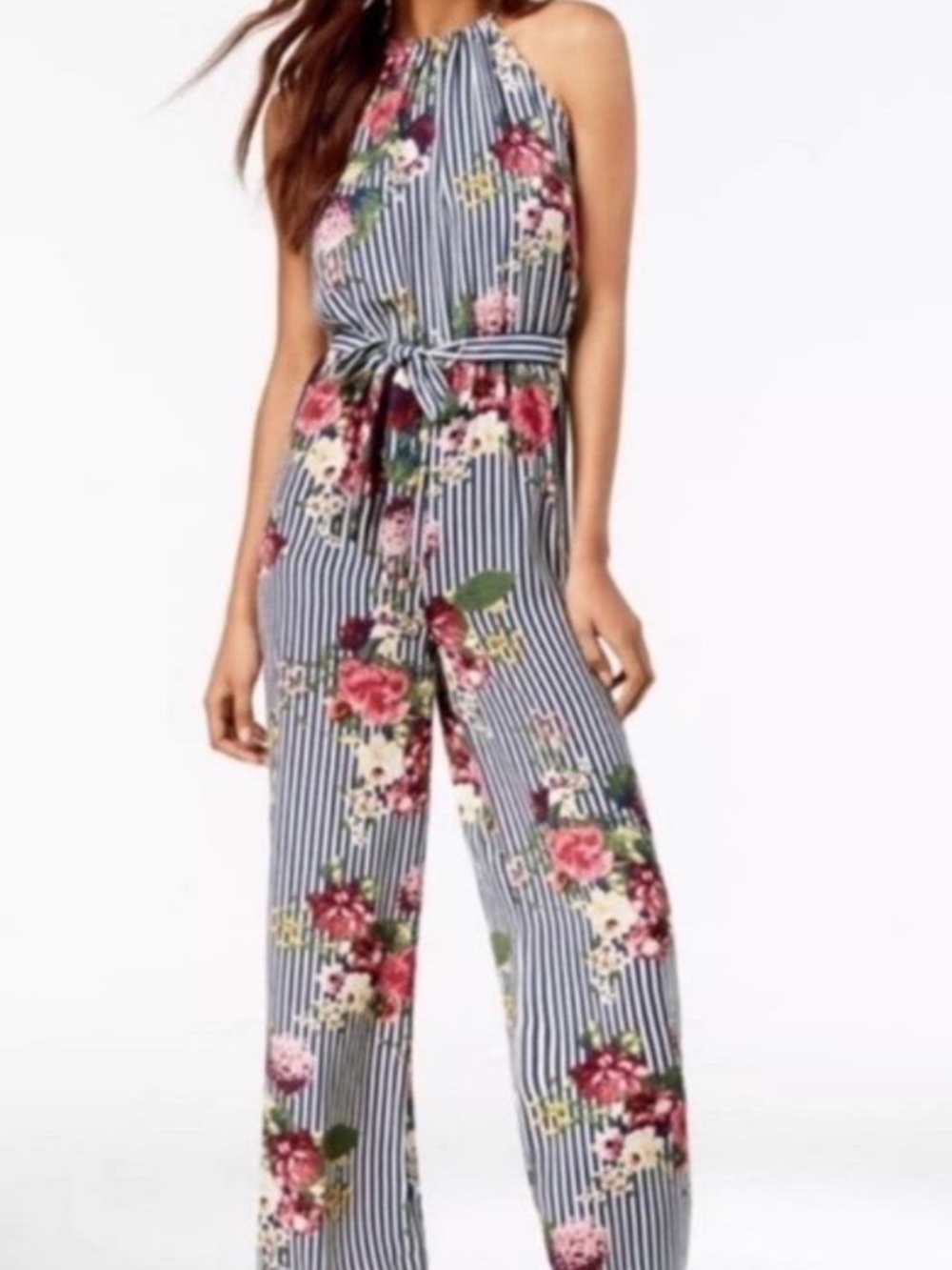 Sequin Hearts Blue Striped Floral Halter Jumpsuit